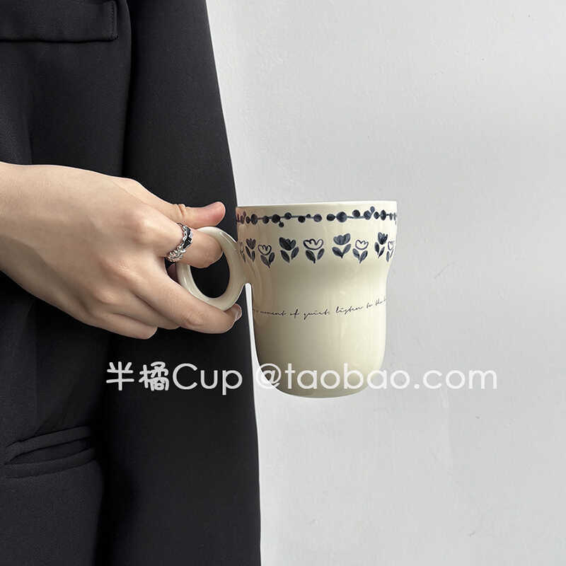 Milk Fufu Ink Flower Retro Hand-Painted Ceramic Coffee Mug Couple Fresh and Cute Large-Capacity Milk Water Cup
