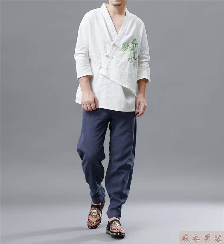2018 mùa thu mới thêu tre ba khóa quần áo kiểu Trung Quốc Hanfu nam in họa tiết cổ chữ v trang phục dân tộc thái