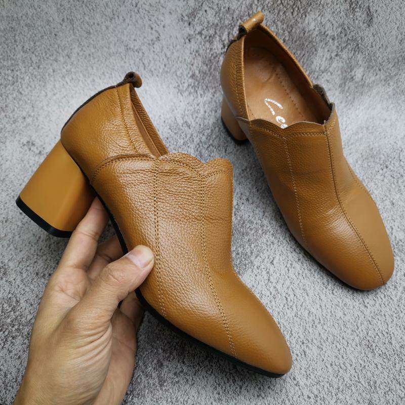 2023 spring style genuine leather deep mouth comfortable cowhide thick heel square toe and feet women's single shoes