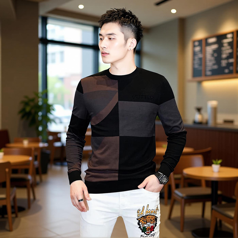 High-End European-Style Color-Blocking Men's Autumn and Winter New Knit Sweater with Round Neck D068