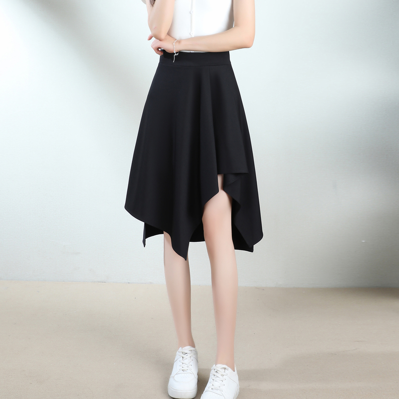 Black Asymmetrical A-Line Skirt for Women, Spring and Autumn, Elastic High Waist, Slimming, Pear-Shaped Body, Mid-Length Skirt