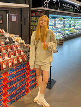 Today on grey green loose 100 lap sweater suit female spring autumn Korean version long sleeve blouse shorts two-piece set