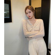 (today on) 2022 button textured jersey long sleeve V neckline Regular temperament repair single row with pure color blouse