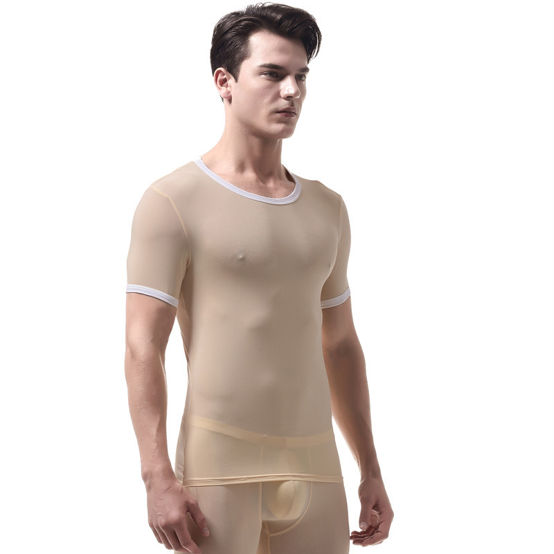 Của nam giới mùa hè mờ đồ lót băng lụa siêu mỏng ngắn tay t-shirt vòng cổ cơ thể chặt chẽ mượt cao đàn hồi nhanh chóng làm khô