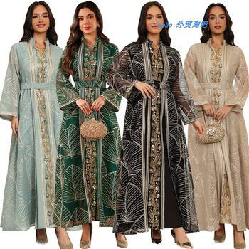 New Middle Eastern Women's Fashion Mesh Sequined Appliqué Robe Dress Sequined Robe Dress