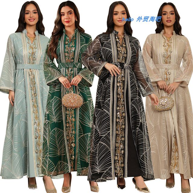 New Middle Eastern Women's Fashion Mesh Sequined Appliqué Robe Dress Sequined Robe Dress