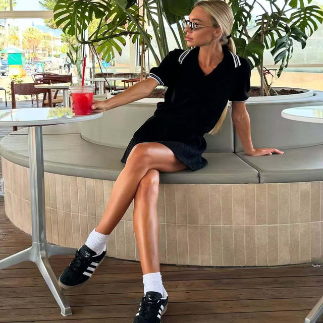 European and American Style Knitted Polo Collar Short-Sleeved Top and Skirt Set