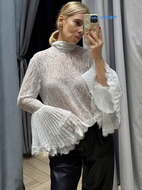 New French-Style Sexy Sheer Lace Blouse with Ruffle Sleeves, Elegant Top Perspective Sexy Top