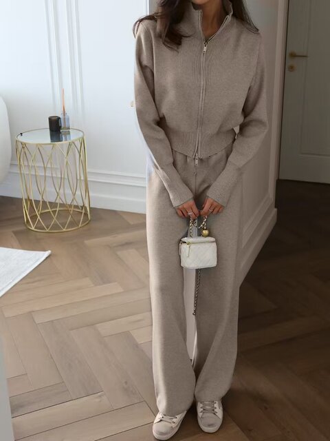 European and American Style New Fashion Casual Knitted Zipper Sweater + Pants Set