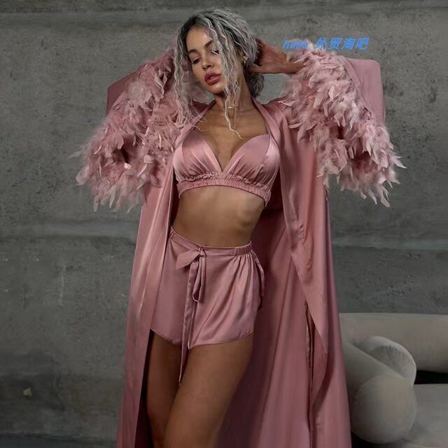 European and American style sexy satin robe underwear shorts three piece home suit Three piece home suit