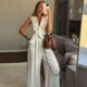 European and American Style Fashion V-Neck Cardigan Vest High-Waisted Wide-Leg Pants Suit V-Neck Top and Pants Suit
