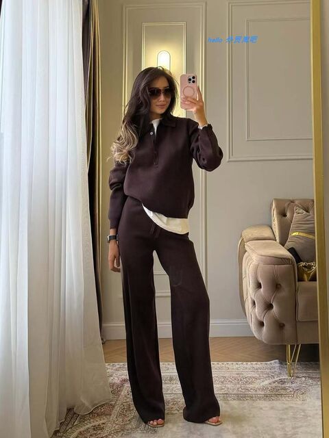 European and American Style Solid Color Lapel Button Knit Top and Pants Set