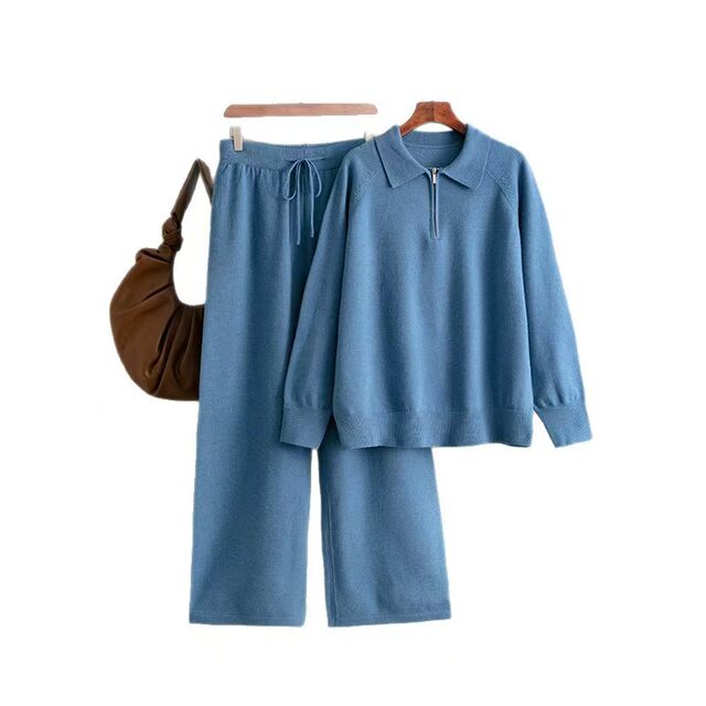 European and American New Fashion Half-Zip Lapel Knit Sweater and Pants Set