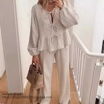 European and American New Fashion Lantern Sleeve Lace-Up Top and Pants Set