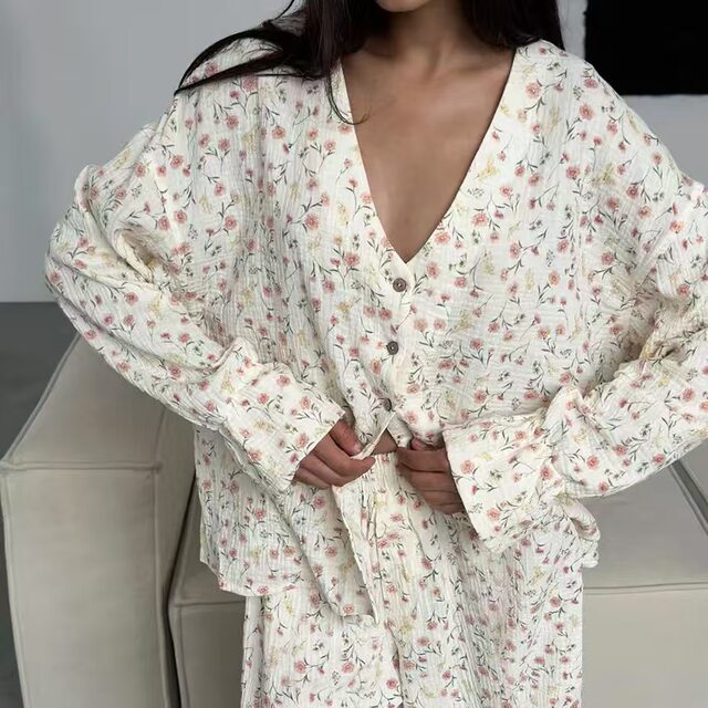 European and American new fashion loose casual long-sleeved tops and trousers home wear set Top and pants set