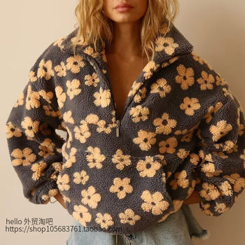 European and American Style New Fashion Loose Printed Half-Zip Stand Collar Long-Sleeve Sweatshirt Half Zip Loose Top