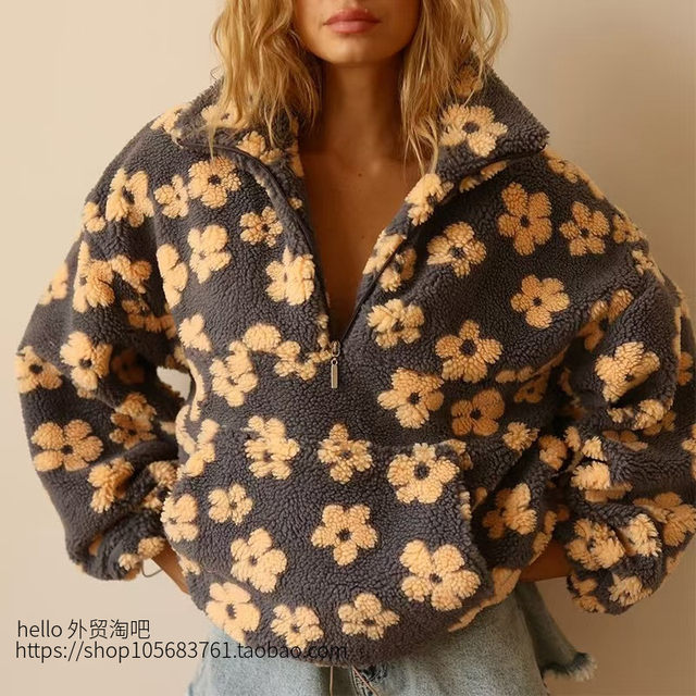 European and American Style New Fashion Loose Printed Half-Zip Stand Collar Long-Sleeve Sweatshirt Half Zip Loose Top