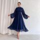 European and American Style Half-High Neck Zipper Long-Sleeve Flared Dress Half High Neck Chiffon Dress