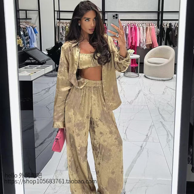 European and American Style Fashion Loose Printed Top Vest and Long Pants Three-Piece Set