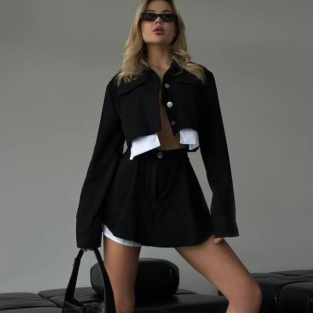 European and American Style New Fashion Lapel Short Top and Color-Blocked Skirt Two-Piece Set