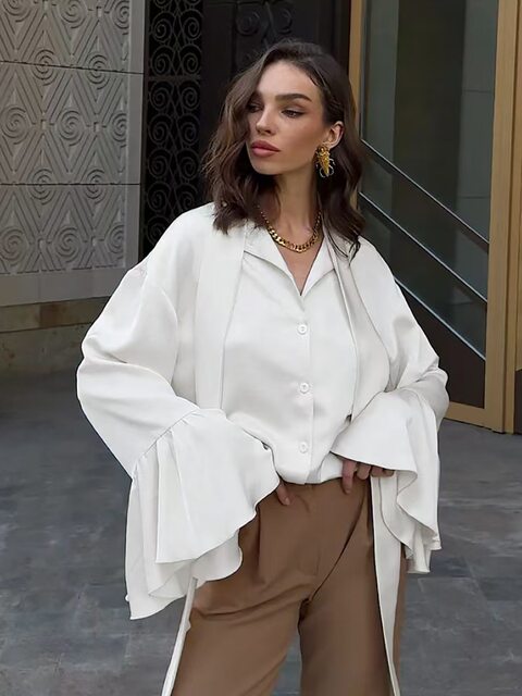 European and American Style Satin Flared Sleeve Lace-Up Shirt