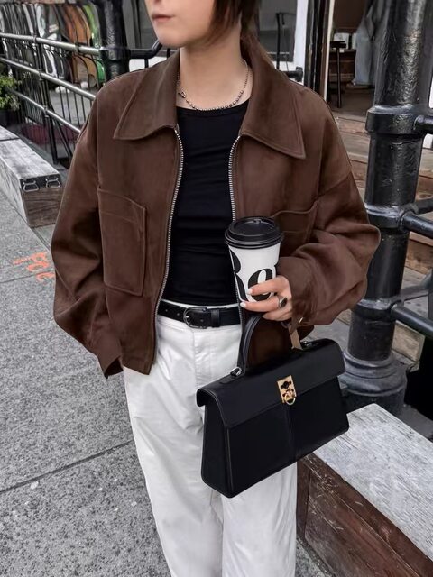 European and American Style New Fashion Loose Lapel Long-Sleeve Short Zipper Jacket Coat