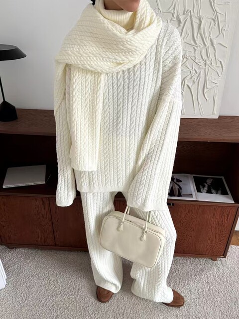 European and American New Fashion Casual Loose Knit Sweater + Wide-Leg Pants Set