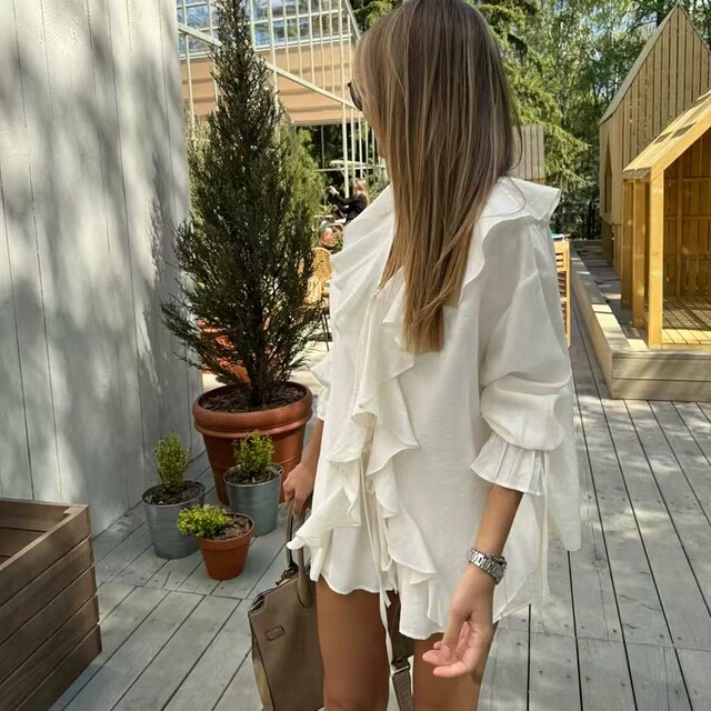 European and American Style Ruffled Lace-Up Shirt and Shorts Two-Piece Set Lotus Leaf Top and Shorts Set