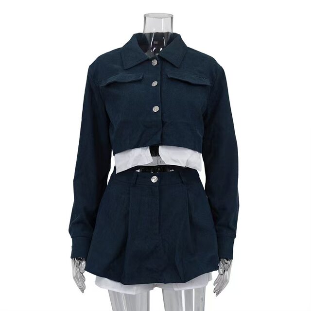 European and American Style New Fashion Lapel Short Top and Color-Blocked Skirt Two-Piece Set