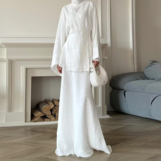 European and American New Style Solid Color V-Neck Tie-Up Cardigan Top and High-Waisted Skirt Set Shirt and Skirt Set