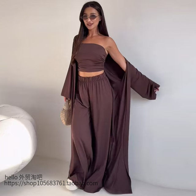 New European and American fashionable tube top cardigan top wide leg pants three piece set Fashion three piece set