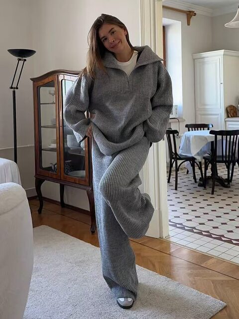 European and American Style New Half-Zip Knitted Lapel Sweater Wide-Leg Pants Set Sweater and Pants Set