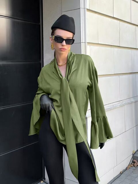 European and American Style Satin Flared Sleeve Lace-Up Shirt