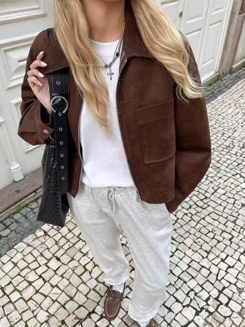 European and American Style New Fashion Loose Lapel Long-Sleeve Short Zipper Jacket Coat