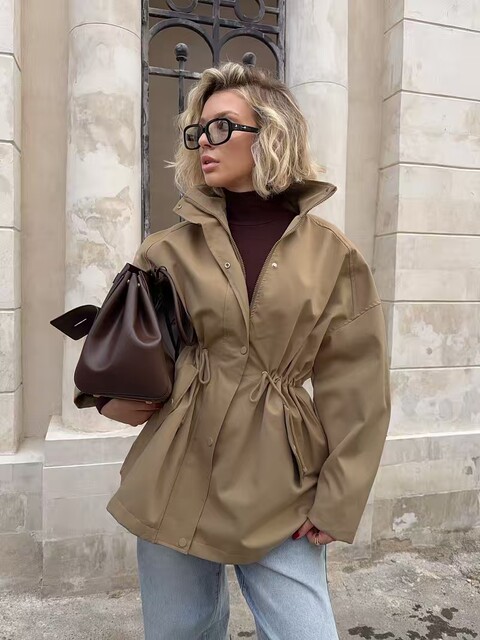 European and American Style New Fashion Casual Loose Drawstring Waist Windbreaker Jacket