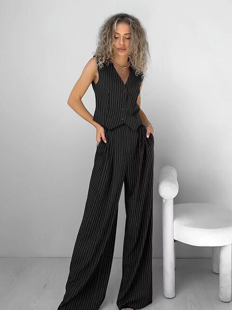 European and American Style V-Neck Vest and Wide-Leg Pants Casual Two-Piece Set
