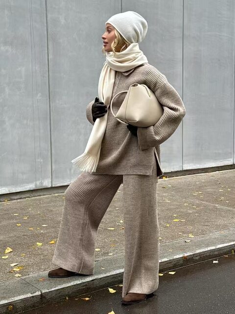 European and American Style New Half-Zip Knitted Lapel Sweater Wide-Leg Pants Set Sweater and Pants Set