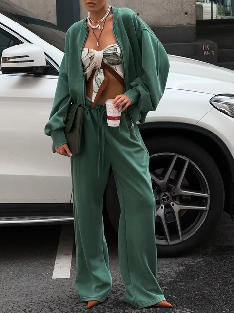 European and American style zipper long-sleeved loose sweatshirt high-waisted straight pants set Loose top and pants set