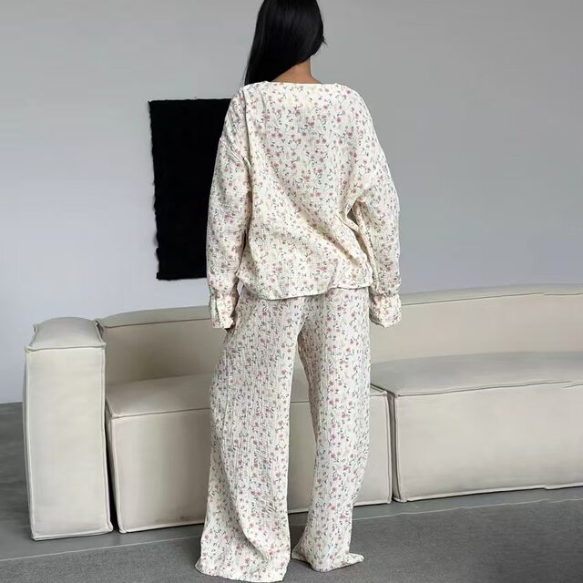 European and American new fashion loose casual long-sleeved tops and trousers home wear set Top and pants set