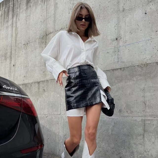 European and American Style Loose Shirt and Waist-Cinching Short Skirt Set