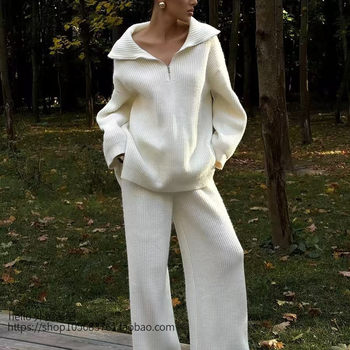 European and American Style New Half-Zip Knitted Lapel Sweater Wide-Leg Pants Set Sweater and Pants Set