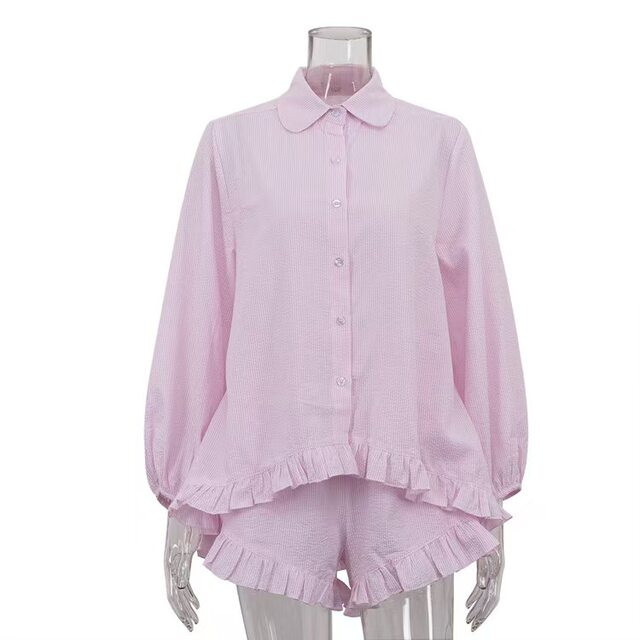 European and American Style New Fashion Lapel Long-Sleeved Ruffled Shirt and Shorts Set