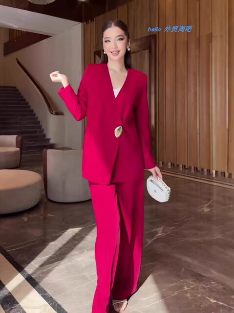 European and American New Fashion Long-Sleeved Suit Jacket Wide-Leg Pants Set