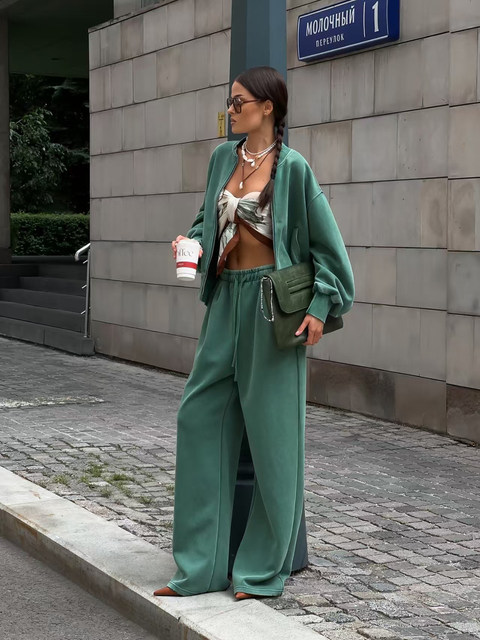 European and American style zipper long-sleeved loose sweatshirt high-waisted straight pants set Loose top and pants set