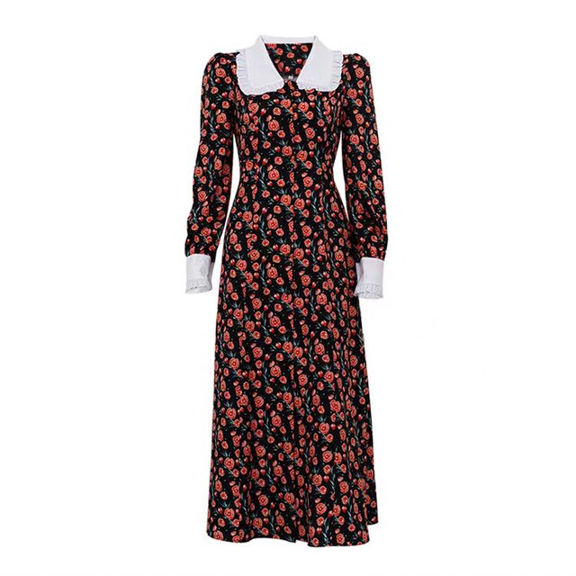 European and American Style Design Sense Printed Doll Collar Waist Dress Printed Doll Neck Dress