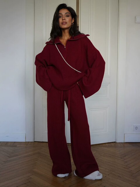 European and American Style Solid Color Half-Zip Sweater and Pants Set