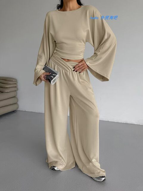 European and American Style New Waist-Cinching Bell-Sleeve Top and Wide-Leg Pants Casual Fashion Set Top and Pants Set