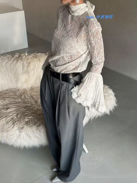 New French-Style Sexy Sheer Lace Blouse with Ruffle Sleeves, Elegant Top Perspective Sexy Top