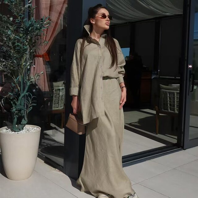 European and American style fashionable lapel loose long-sleeved shirt high-waisted skirt set Shirt and skirt set