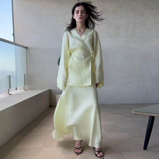 European and American New Style Solid Color V-Neck Tie-Up Cardigan Top and High-Waisted Skirt Set Shirt and Skirt Set